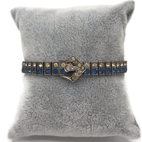 Art Deco Antique Sterling Silver Diamonbar Blue 2 Row Rhinestone Buckle Bracelet - Picture 4 of 9